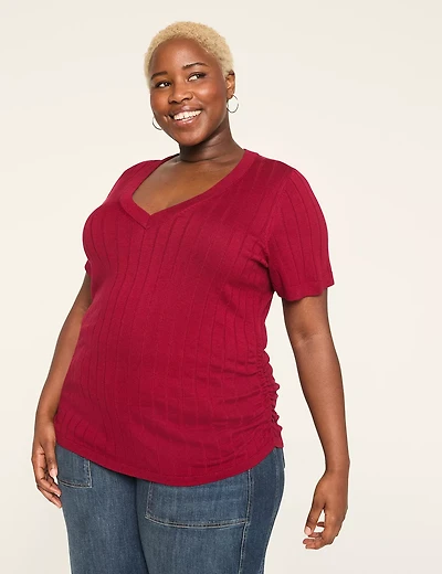 Fitted Short-Sleeve Side-Ruched Sweater