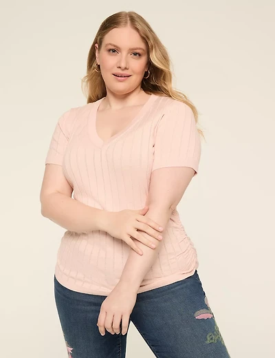 Fitted Short-Sleeve Side-Ruched Sweater