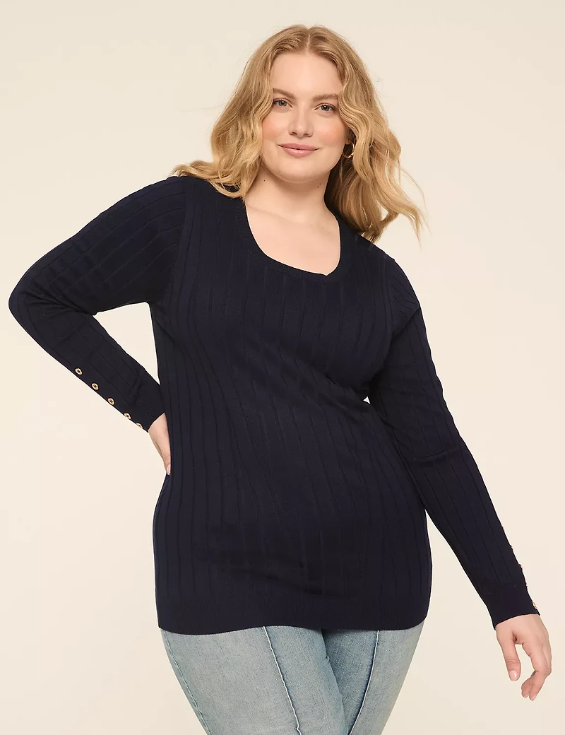 Button-Sleeve Ribbed Pullover Sweater