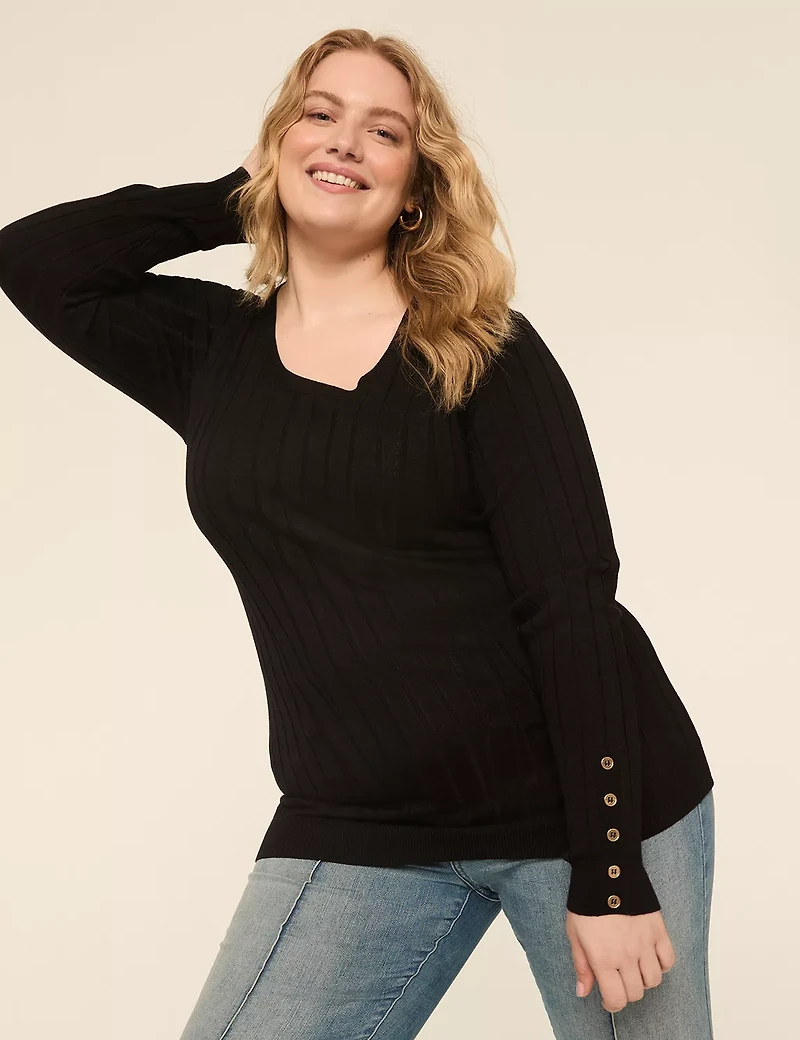 Button-Sleeve Ribbed Pullover Sweater