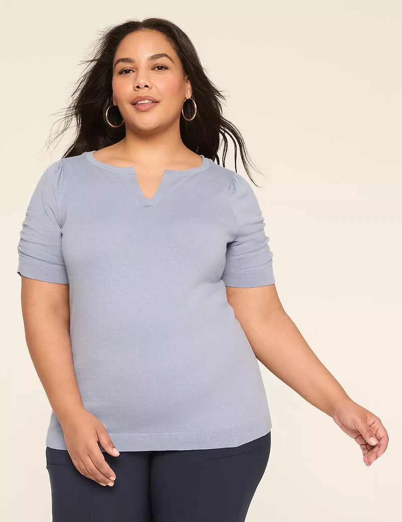 Puff-Sleeve V-Neck Sweater