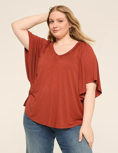 Dolman-Sleeve Shirred V-Neck Top