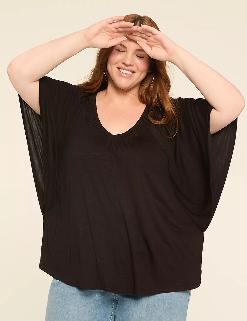 Dolman-Sleeve Shirred V-Neck Top