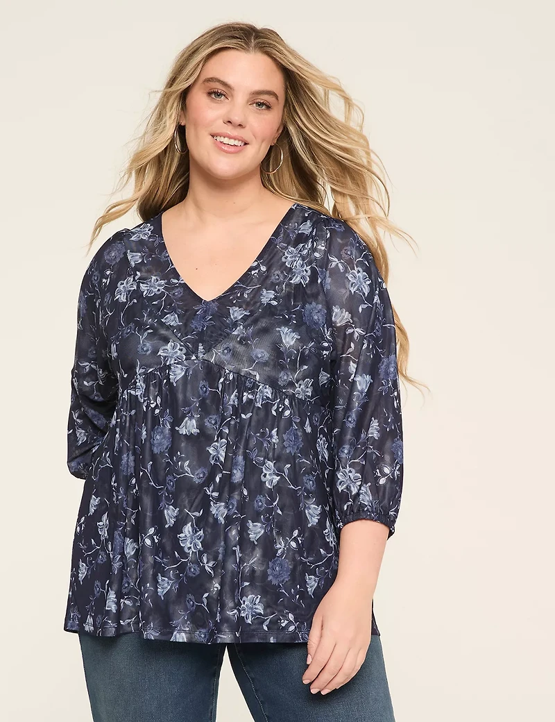 Mesh 3/4-Sleeve Tie-Back Top