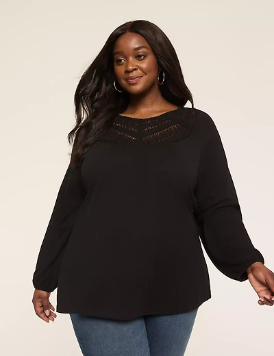 Crew-Neck Crochet Lace-Yoke Top