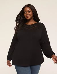 Crew-Neck Crochet Lace-Yoke Top