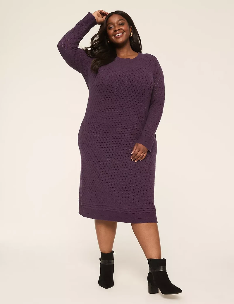 Long-Sleeve Pointelle Sweater Midi Dress