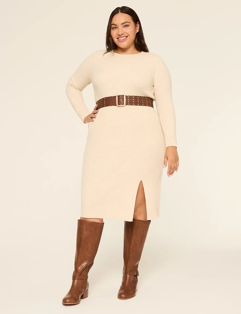 Long-Sleeve Front-Slit Rib Sweater Dress