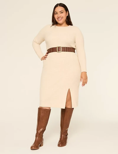 Long-Sleeve Front-Slit Rib Sweater Dress