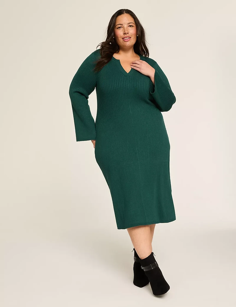 Split-Neck Rib Sweater Dress