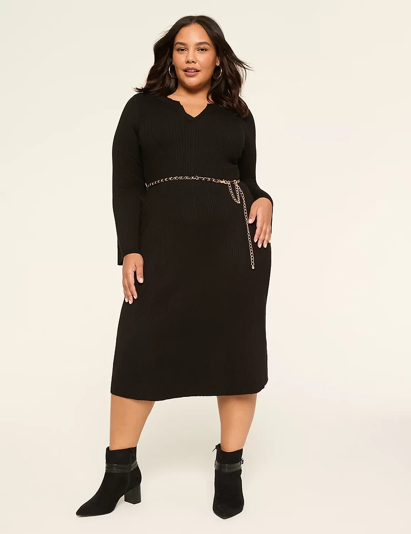 Split-Neck Rib Sweater Dress