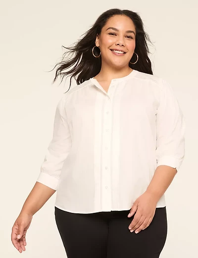 3/4-Sleeve Pintuck Button-Down Blouse