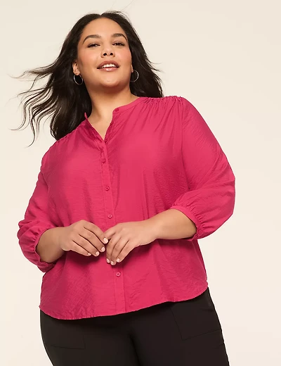 3/4-Sleeve Crew-Neck Button-Front Top