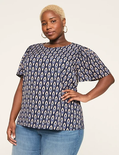 Smocked-Shoulder Crew-Neck Top