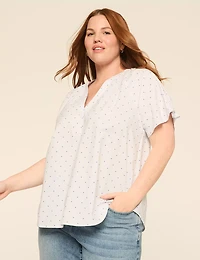 Flutter-Sleeve Notch-Neck Textured Popover Blouse