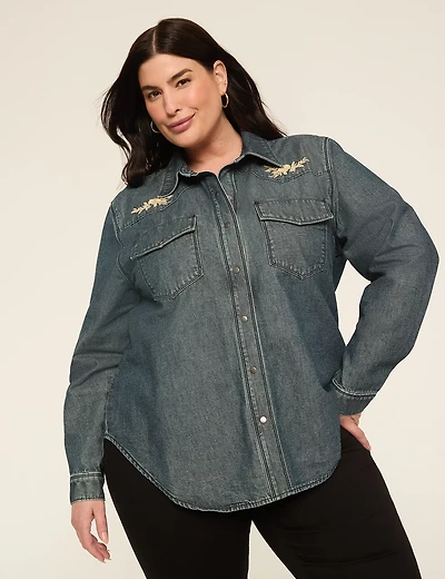 Denim Applique Button-Down Blouse