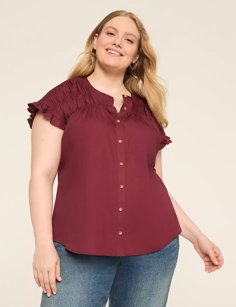 Relaxed Shirred Dolman-Sleeve Button-Down Blouse