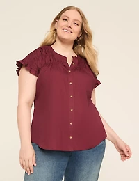Relaxed Shirred Dolman-Sleeve Button-Down Blouse