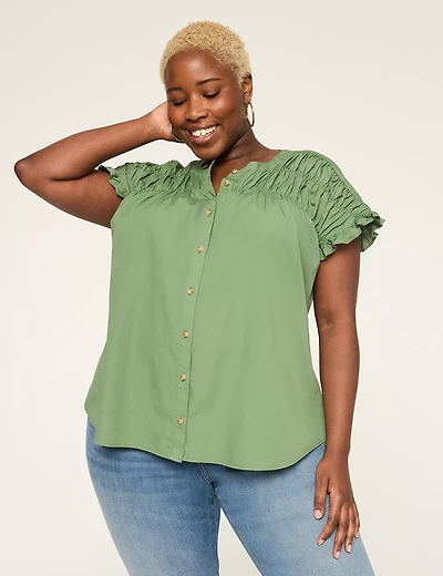 Relaxed Shirred Dolman-Sleeve Button-Down Blouse