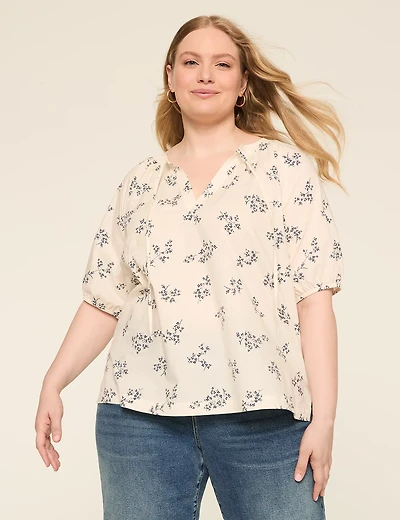 Elbow-Sleeve Tie-Neck Popover Blouse