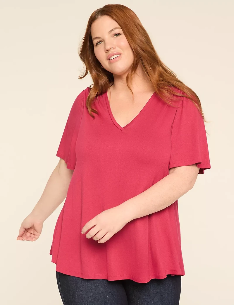 Elbow-Sleeve Shirred-Shoulder Top