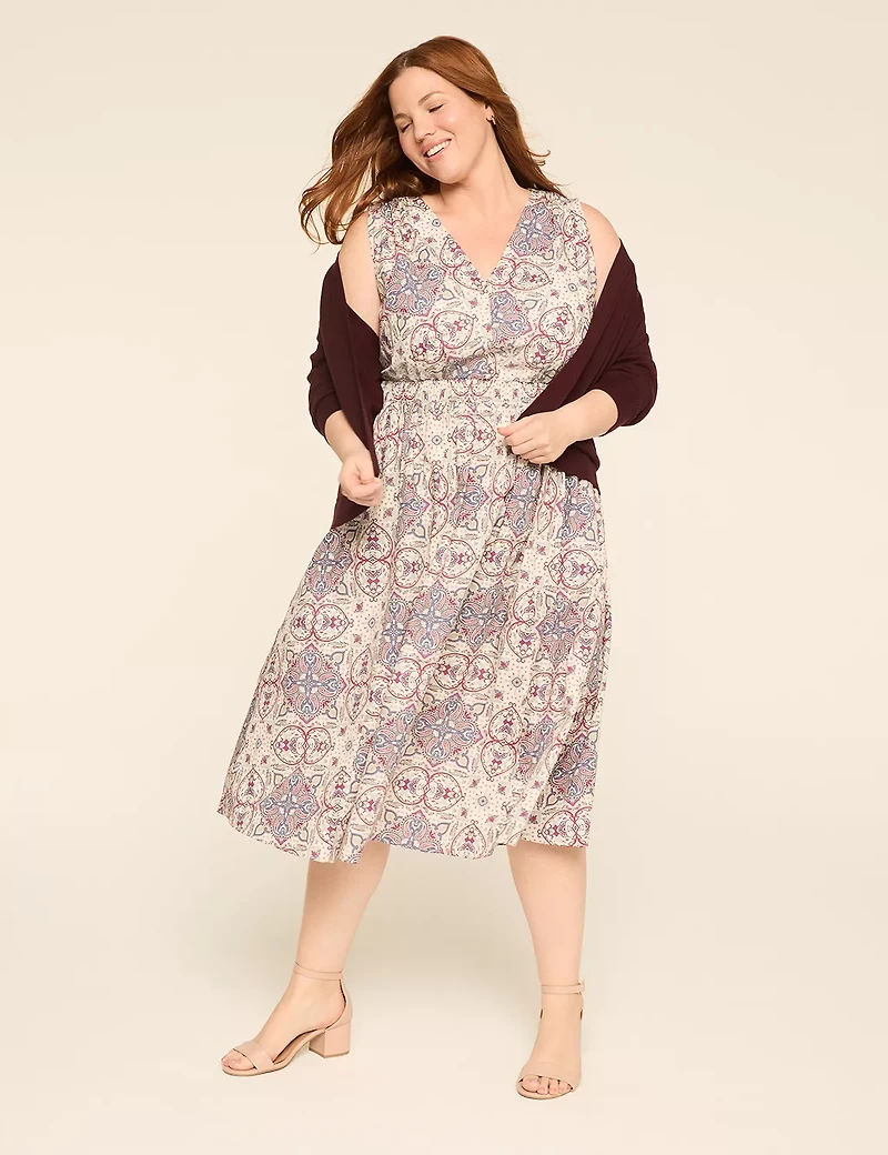 Shirred-Shoulder Smocked-Waist Midi Dress