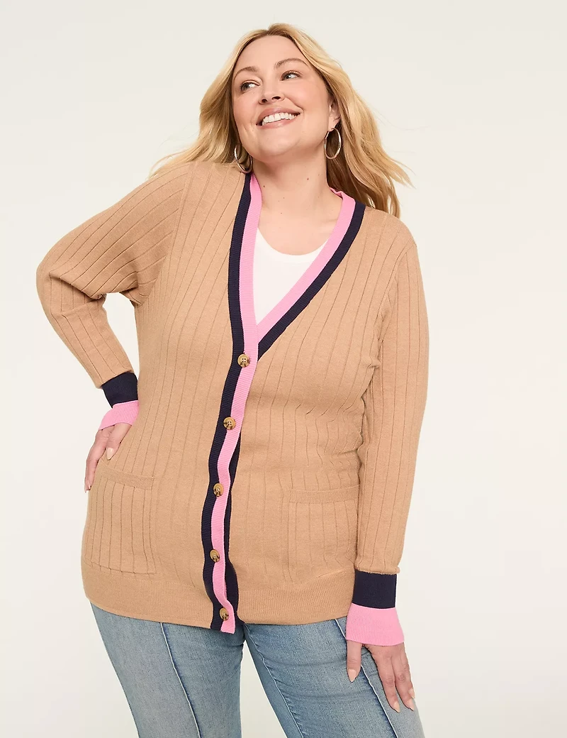 Long-Sleeve Button-Front Stripe-Trim Cardigan
