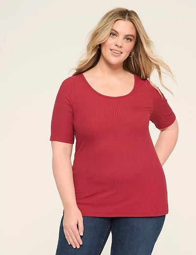 Rib Elbow-Sleeve Round-Neck Top