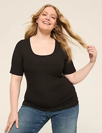 Rib Elbow-Sleeve Round-Neck Top