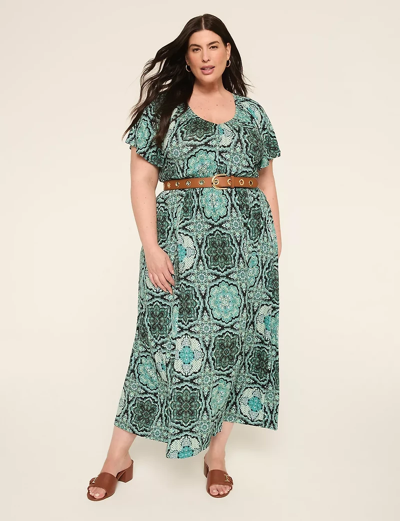 Flutter-Sleeve Elastic-Waist Maxi Dress