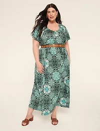 Flutter-Sleeve Elastic-Waist Maxi Dress