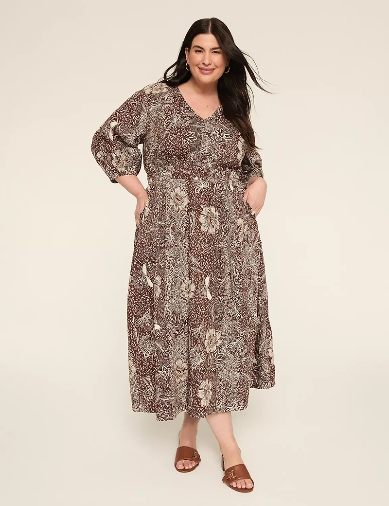 3/4-Sleeve Elastic-Waist Maxi Dress