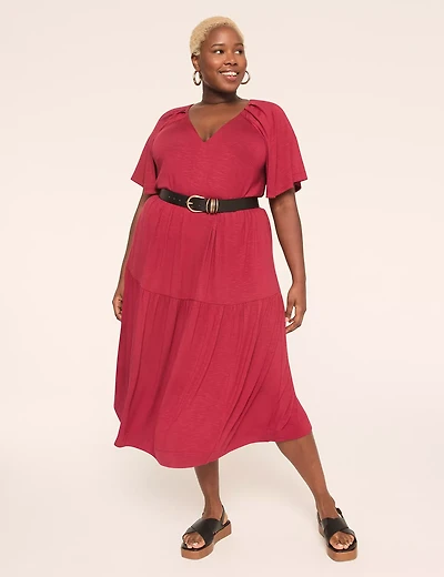 Flutter-Sleeve V-Neck Midi Dress