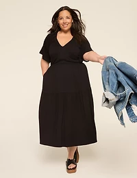 Flutter-Sleeve V-Neck Midi Dress