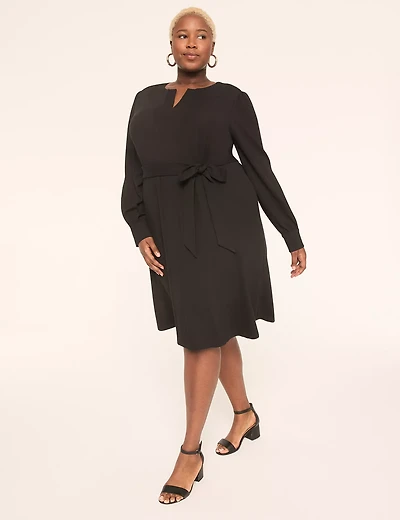 Ponte Twill Tie-Waist Long-Sleeve Dress