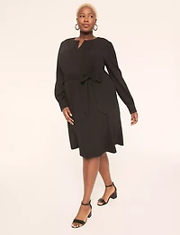 Ponte Twill Tie-Waist Long-Sleeve Dress