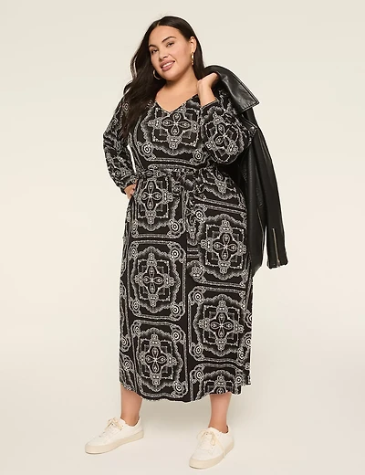 3/4-Sleeve Tie-Waist Midi Dress