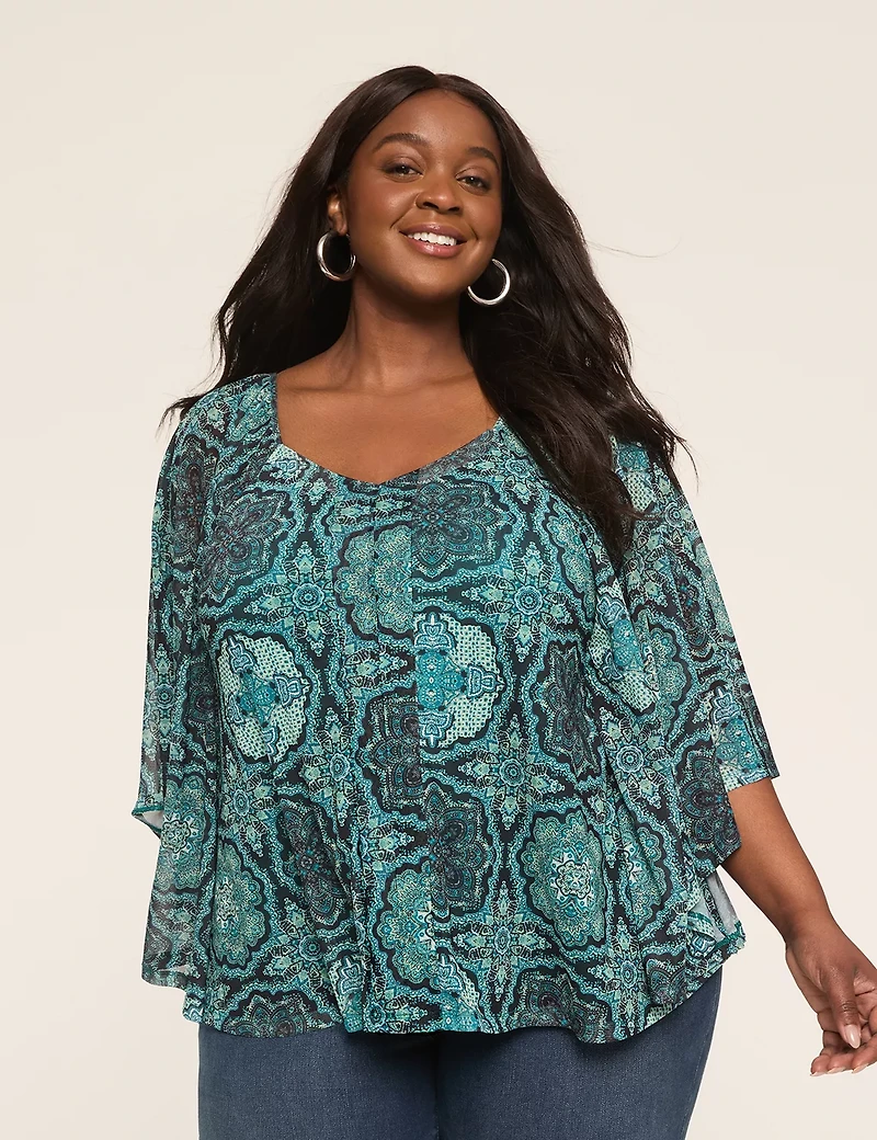 Mesh V-Neck Circle Drama Top