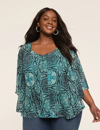 Mesh V-Neck Circle Drama Top