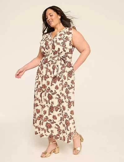 Textured Flutter-Sleeve Tie-Waist Maxi Dress