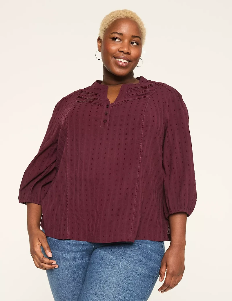 3/4-Sleeve Pintuck Popover Blouse