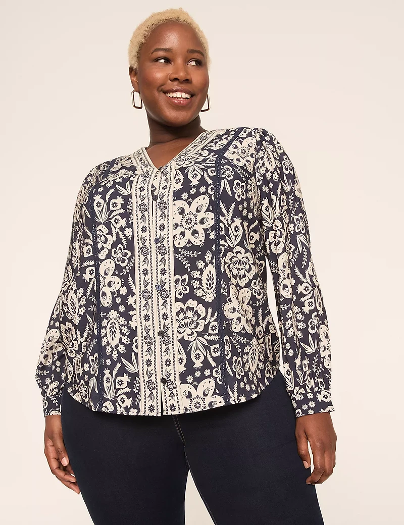 Split-Neck Button-Down Blouse