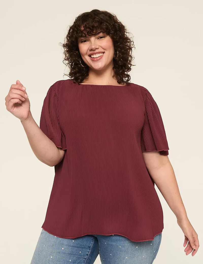 Flutter-Sleeve Pleated Popover Blouse