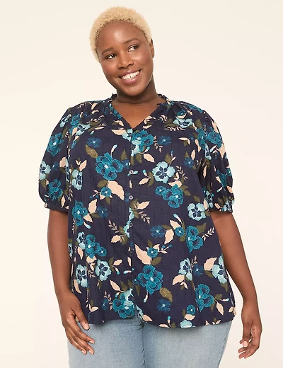 Swing Bubble-Sleeve Button-Front Blouse