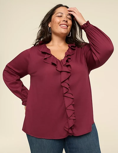 Bracelet-Sleeve Ruffle & Button-Front Blouse