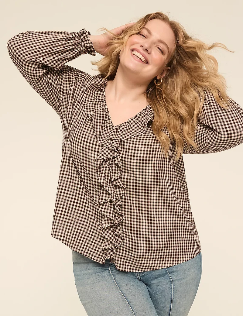 Bracelet-Sleeve Ruffle & Button-Front Blouse