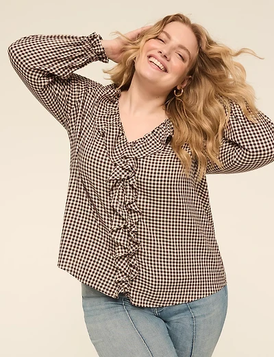 Bracelet-Sleeve Ruffle & Button-Front Blouse