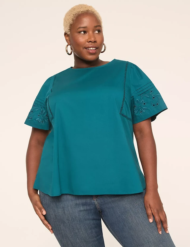 Embroidered Flutter-Sleeve Popover Blouse