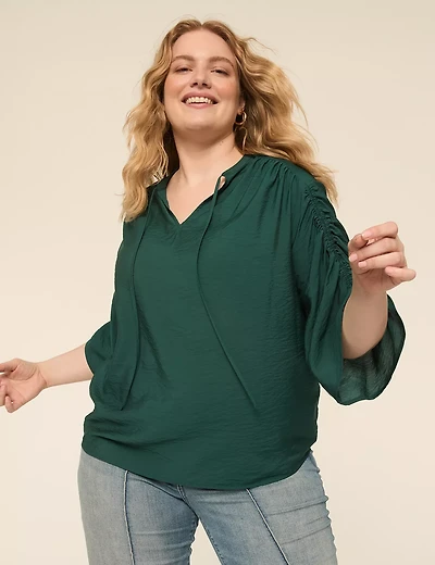 Relaxed 3/4-Sleeve Notch-Neck Popover