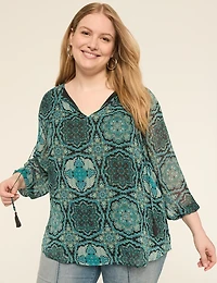 Tassel-Tie Notch-Neck Popover Blouse